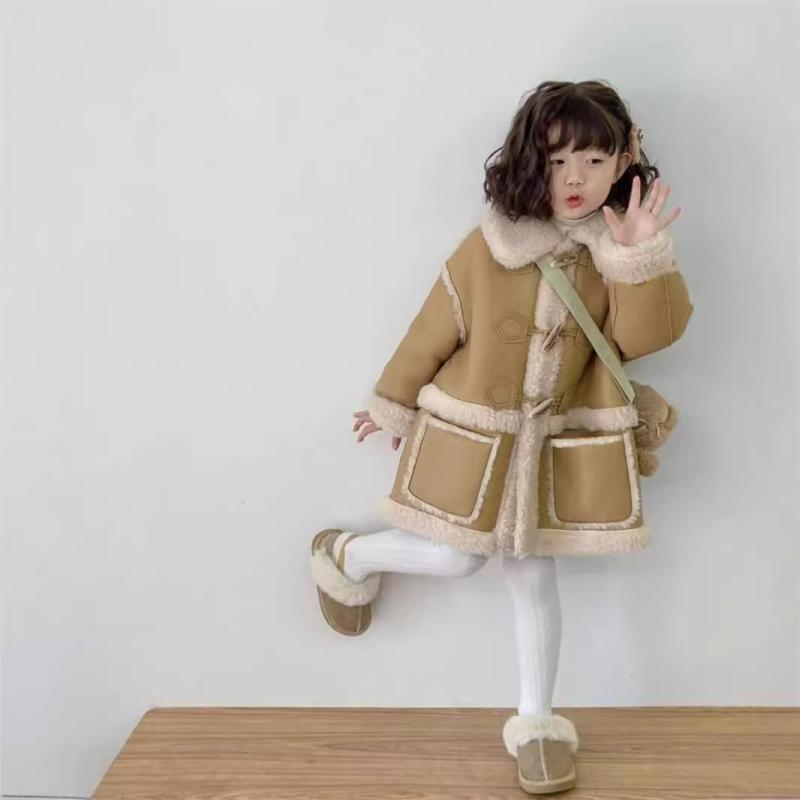Girls' Outerwear, Leather and Fleece Coat, Autumn/Winter, Thick Padded, Fleece Lined, Mid-Length, PU Leather, Ages 3, 4, 5, 6, 7, 8, Sizes 90cm, 95cm, 100cm, 110cm, 120cm, 130cm, Everyday Wear