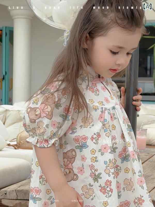 ワンピース 女の子 ベビー 子供服 半袖 プリンセス Aライン 膝丈 コットン リネン 水墨 小花柄 梅柄 ク..