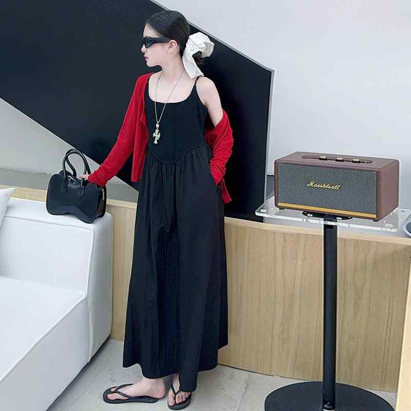 ワンピース 女の子 黒色 高級感 韓国風 春夏 子供 ノースリーブ サスペンダースカート ロングワンピース 大童 法式 親子コーデ 接触冷感(4.0)