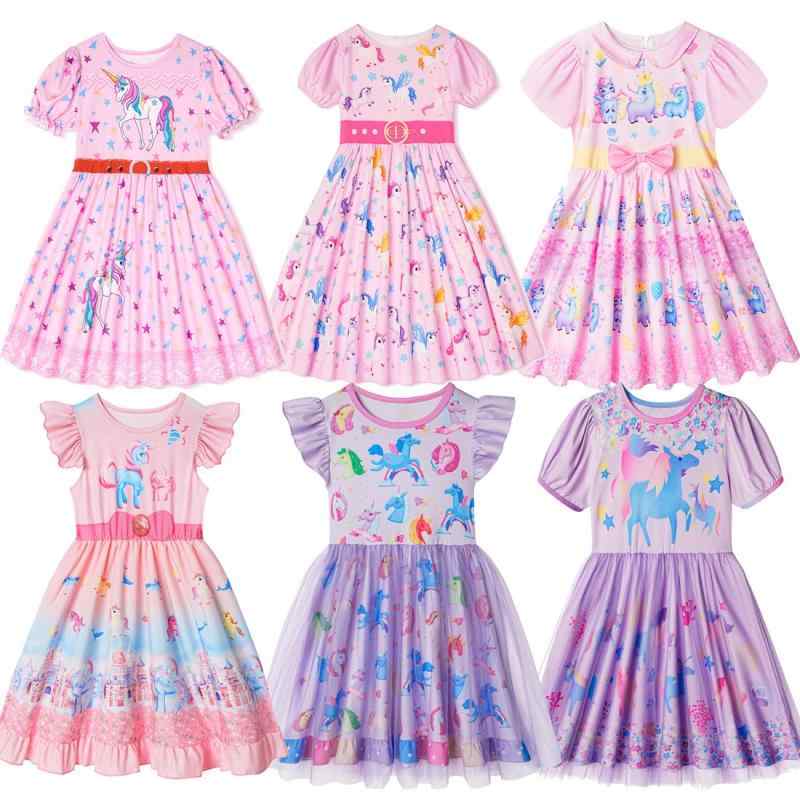 ワンピース 子供 女の子 半袖 チュールスカート Aライン チュールスカート 膝丈スカート ユニコーン柄 ..