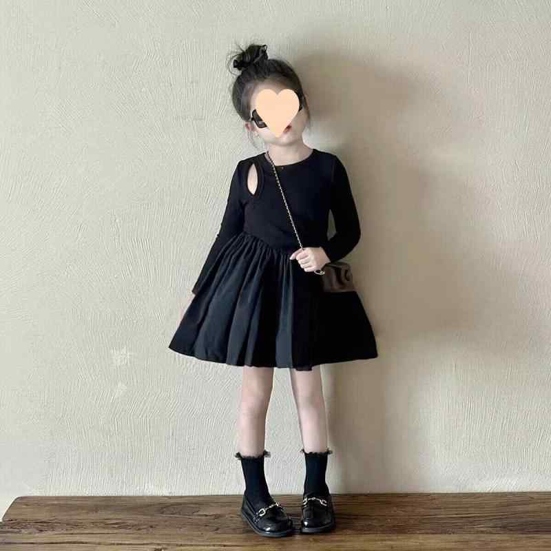 子供服 ワンピース 女の子 長袖 ブラック Aライン 膝上丈 春秋 かわいい おしゃれ ガールズ キッズ 子供 ベビー 普段使い お出かけ