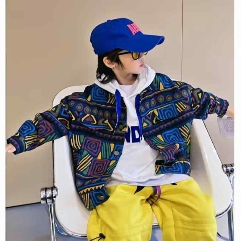 夾克 - キッズ ジャケット 男の子 デニム アウター 子供 長袖 トップス 春秋 中綿 防風 普段使い お出かけ 花柄 ブルー系