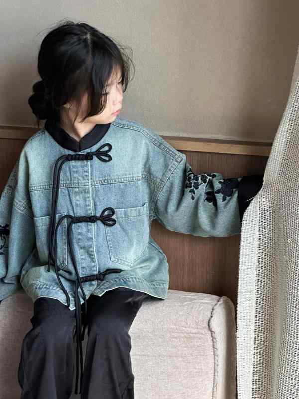 Coat - ジャケット キッズ 女の子 デニム 春秋 子供 新しい中国風 長袖 ブルゾン Gジャン デニムジャケット 綿 100 110 120 130 140 150 160