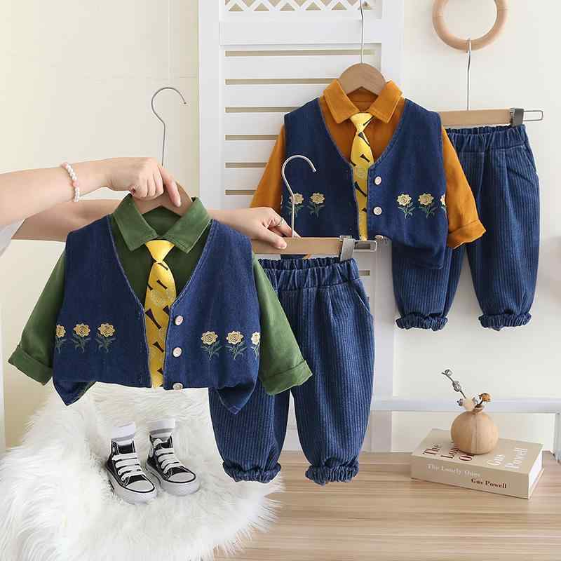 キッズ 男の子用 デニムベスト 長袖シャツ 長ズボン 3点セット 春秋物 子供服 ボーイズ 普段着 おしゃれ着