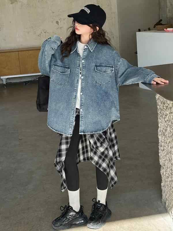 子供服 ジャケット ガールズ デニムシャツ 長袖 トップス 春物 ブルージーンズ 中学生 女児 普段着 通学着 韓国風