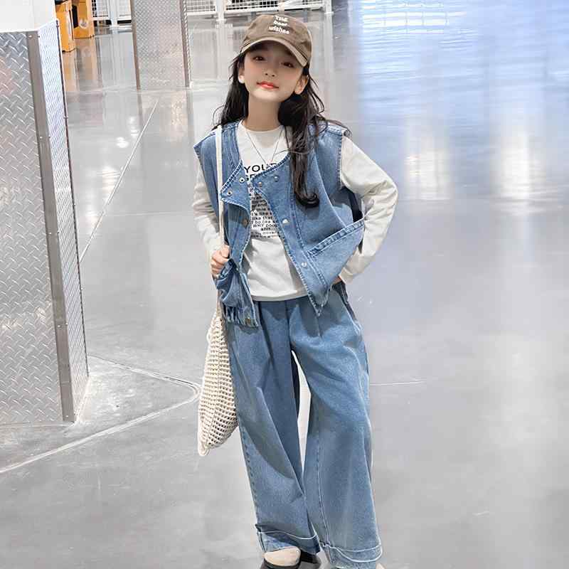 子供用ジーンズセットアップ 女の子 春秋 デニムジャケット ワイドレッグパンツ 長袖カットソー 3点セット 通学 普段使い