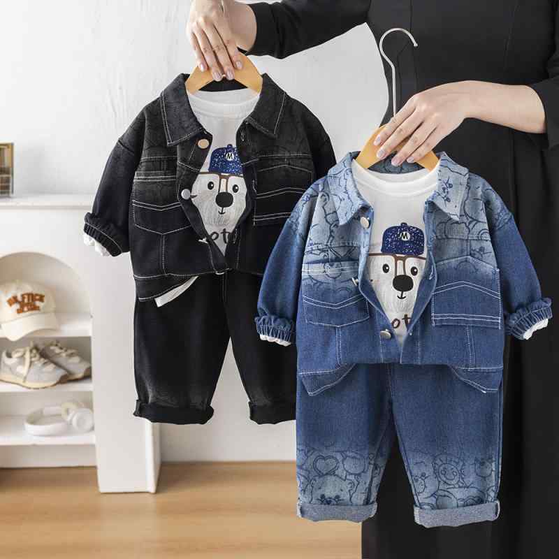 子供服 デニムジャケット セットアップ 韓国風 男の子 秋物 子供服 3点セット ボーイズ ベビー 幼児 普段着 長袖 長ズボン 上下セット