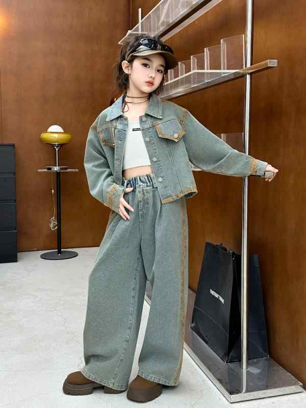 Coat - キッズ デニム セットアップ 春物 長袖 ジャケット パンツ 2点セット 女の子 子供服 春秋 カジュアル かわいい おしゃれ 中学生 小学生