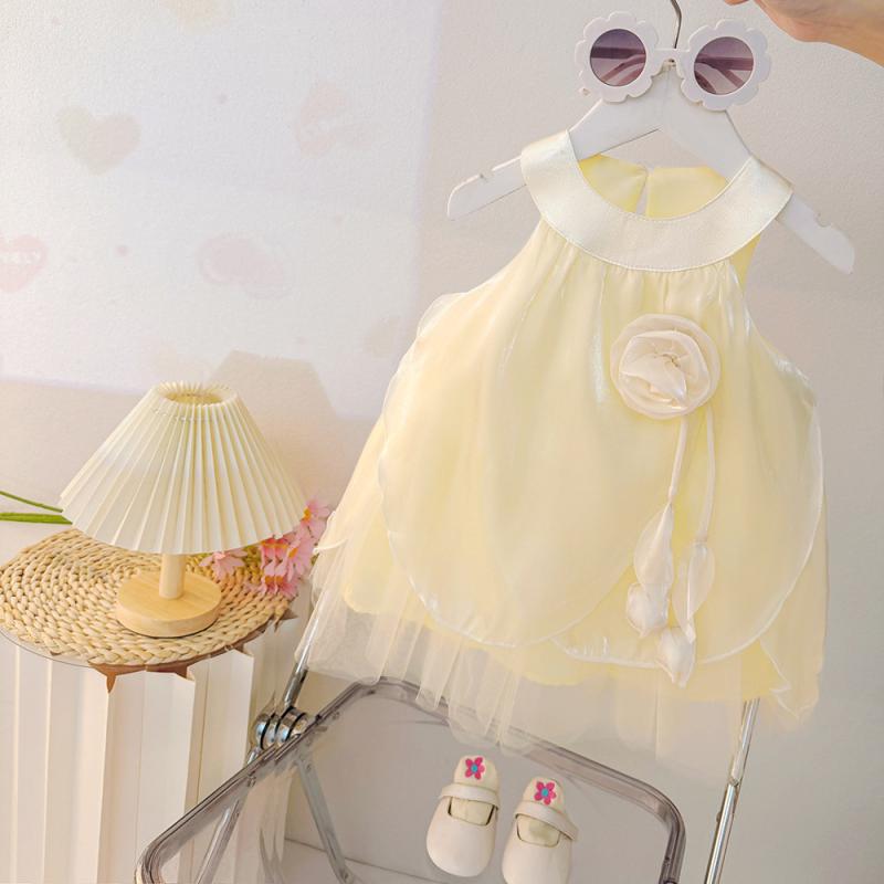 ワンピース キッズ 女の子 夏用 子供服 チュール ノースリーブ プリンセス スカート かわいい 80cm 90cm 100cm 110cm 120cm イエロー ローズ 花柄 コットン
