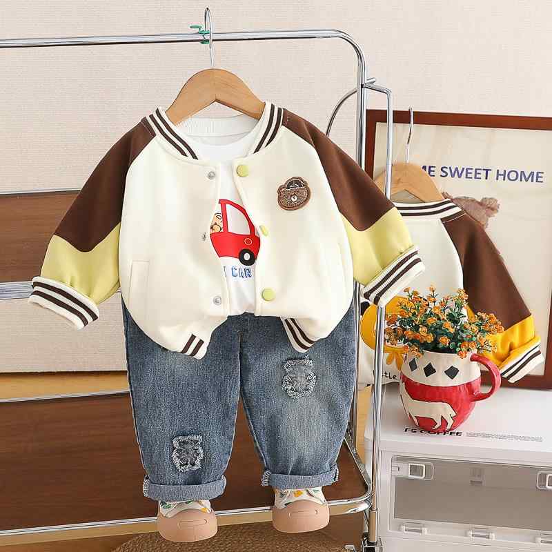 キッズ 男の子用 セットアップ 長袖 Tシャツ デニムパンツ 野球ジャケット 3点セット 春秋 かわいい クマ柄 普段着