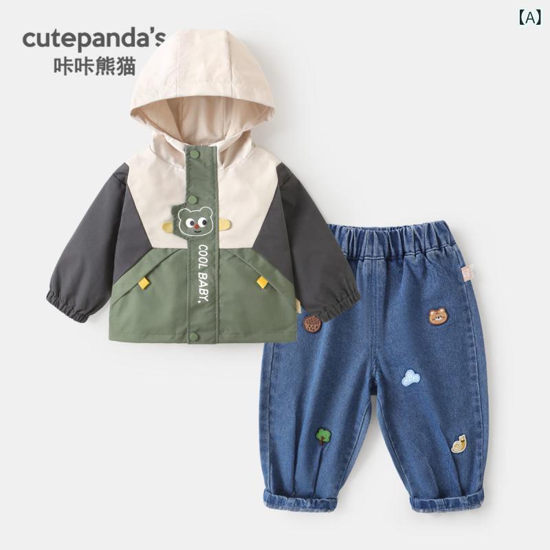 Blousons, Jumpers - ベビー服 上下セット デニム ジャケット & パンツ 春秋 幼児 男の子 女の子 かわいい パンダ柄 コットン混紡 長袖 アウター ズボン 2点セット カジュアル 普段着