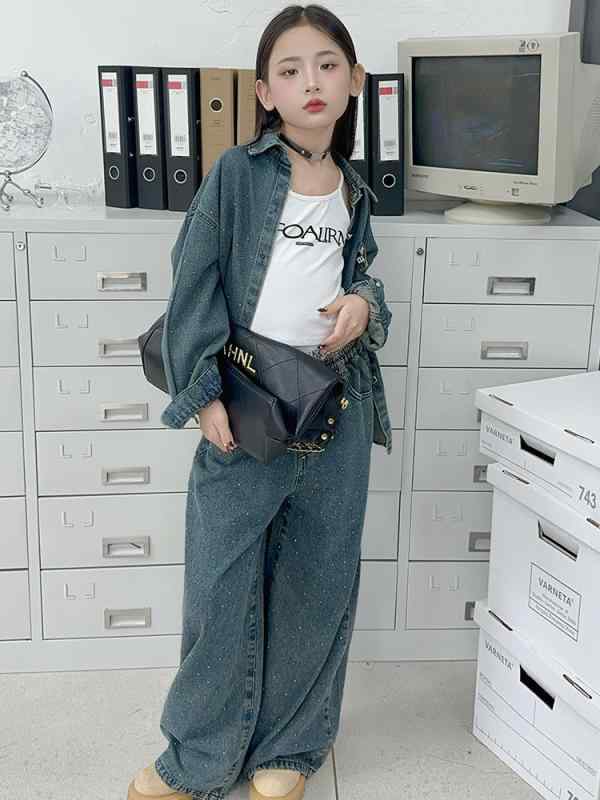 子供服 女の子 デニムセットアップ ジャケット ワイドレッグパンツ 2点セット 春秋 長袖 ブルージーンズ ゆったり 普段着 かわいい