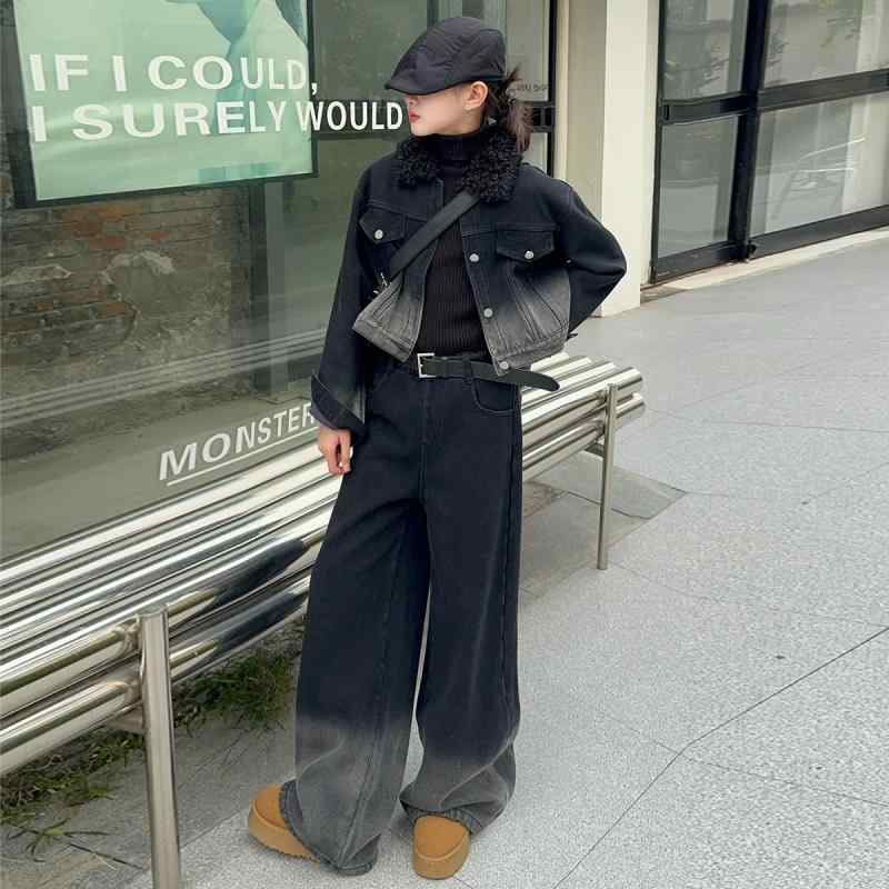 Coat - 子供服 女の子 デニムセットアップ 裏起毛 デニムジャケット ワイドレッグジーンズ 上下セット 秋冬 中学生 高学年 120cm 130cm 140cm 150cm 160cm 170cm