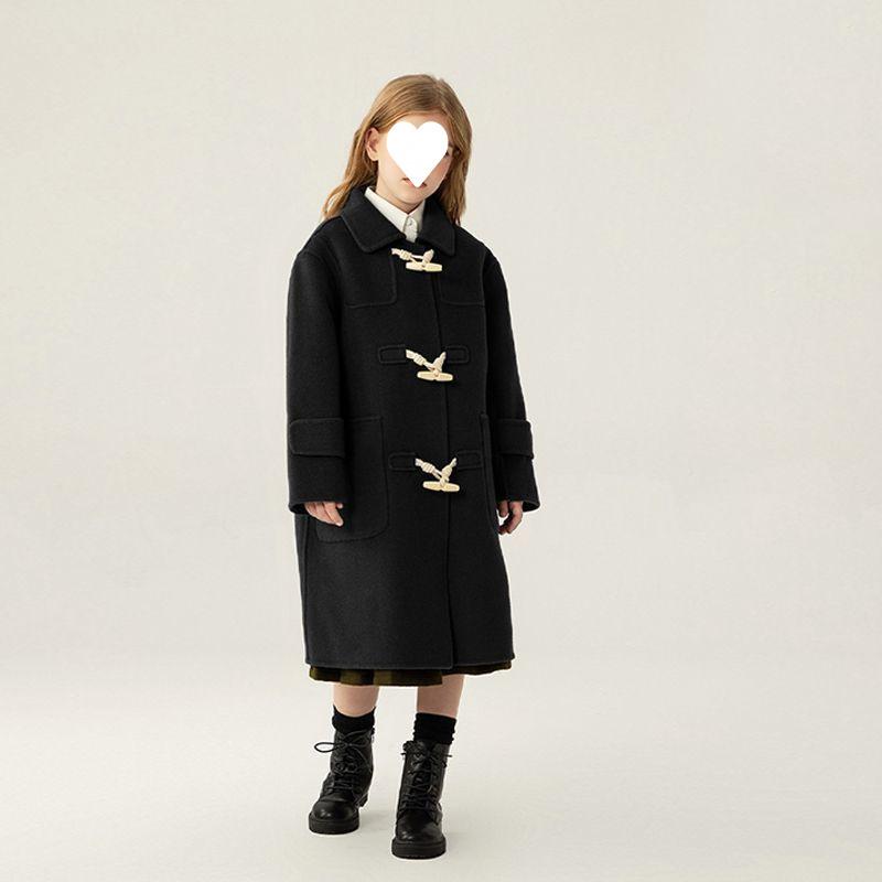 夾克 - 子供服 大外套 ウールコート 女の子 ダブルフェイス カシミヤ 秋冬 POLOネック 無地 ミドル丈 防寒 普段使い 通学 ブラック カーキ オフホワイト 130 140 150 160 170
