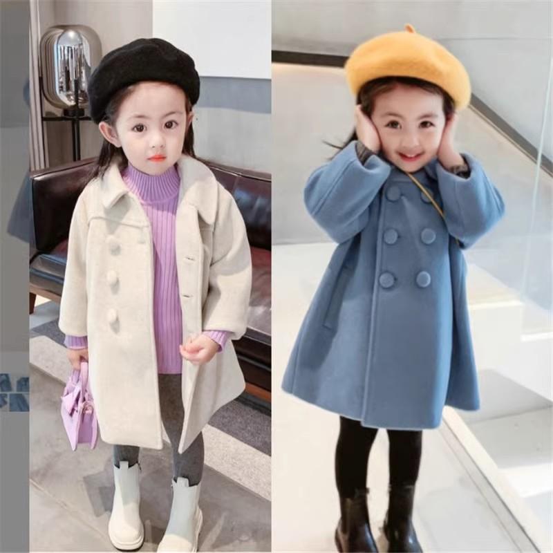 子供服 女の子用 アウター 秋冬 ロング丈 ウールコート 中綿入り 厚手 ダブルブレスト 防寒 ピンク ブルー オフホワイト