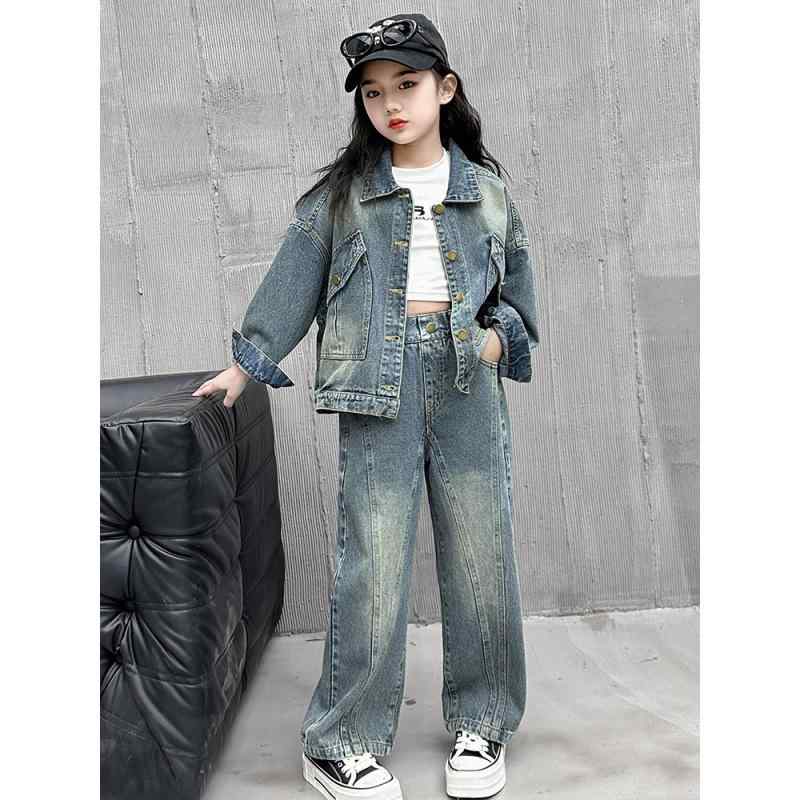 子供服 女の子 デニムセットアップ 2点セット 春秋 大人も着られる キッズ ガールズ デニムジャケット ロングパンツ 上下セット