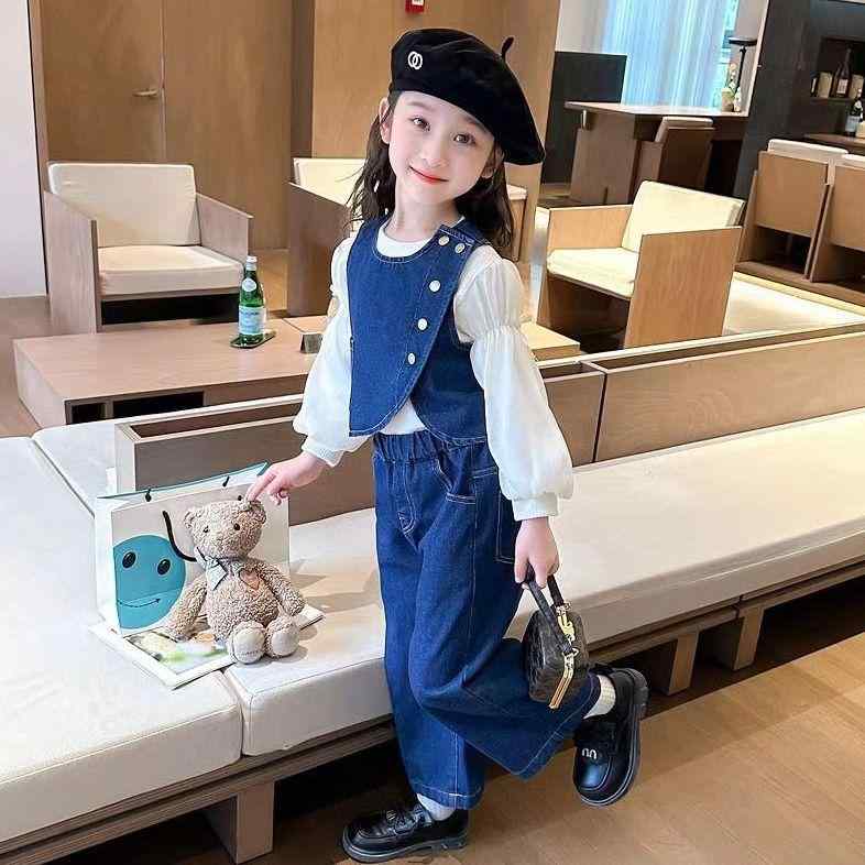 Other - 子供服 女の子 3点セット：デニムベスト付き 長袖トップス ＆ ワイドパンツ 韓国風 秋冬 通園 普段着