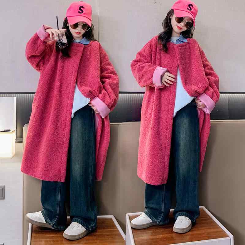 子供用コート ジャケット 女の子 秋冬 ロング丈 ボア 裏起毛 厚手 ゆったり かわいい 韓国風 普段着 通学着 ピンク系