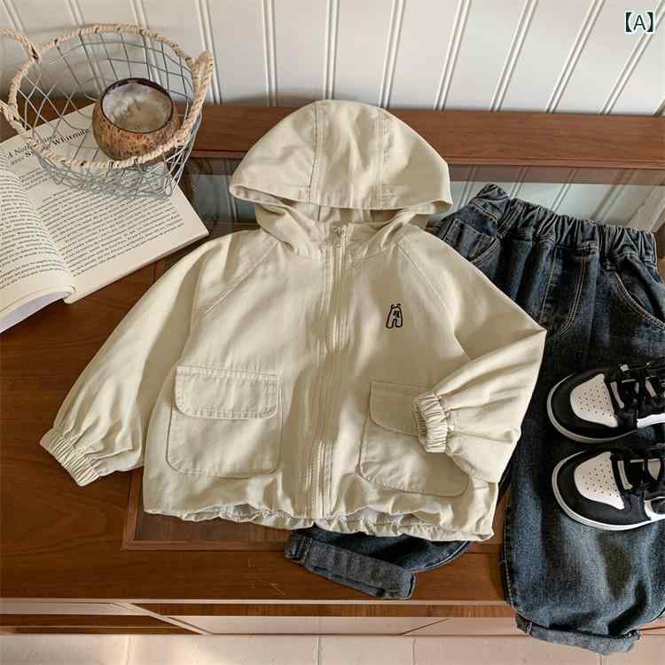 シャドーテールのキッズ ジャケット 子供服 春秋 薄手 フード付き ウィンドブレーカー 男の子 女の子 アウター 普段使い おしゃれ かわいい ナチュラル ベージュ カーキ 綿｜アングル2