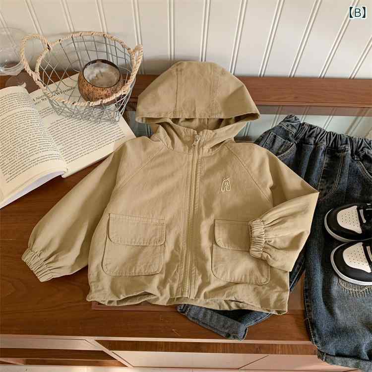 シャドーテールのキッズ ジャケット 子供服 春秋 薄手 フード付き ウィンドブレーカー 男の子 女の子 アウター 普段使い おしゃれ かわいい ナチュラル ベージュ カーキ 綿｜アングル3