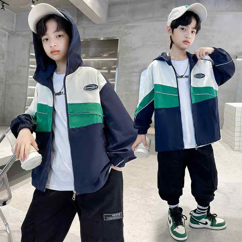 子供服 ジャケット 男の子 スプリングコート 大童 フード付き ウインドブレーカー アウター ジャンパー 切り替え 普段使い 春秋 140cm 150cm 160cm 170cm