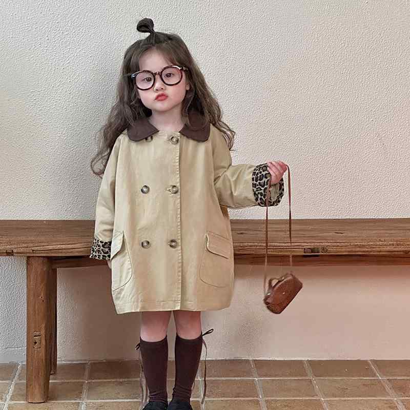 子供服 スプリングコート 女の子 秋物 トレンチコート ミドル丈 春秋 かわいい 豹柄 アウター ベビー服 女児 キッズ ガールズ 綿 カーキ