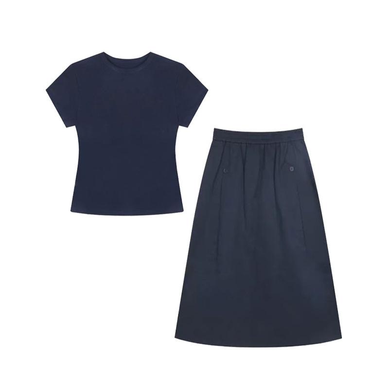 Tシャツ レディース 春夏 半袖 トップス カットソー Uネック クルーネック プルオーバー 無地 薄手 涼しい カジュアル シンプル 通学 通勤 普段使い 部屋着 スカート セットアップ Aラインスカート ロングスカート 楽ちん