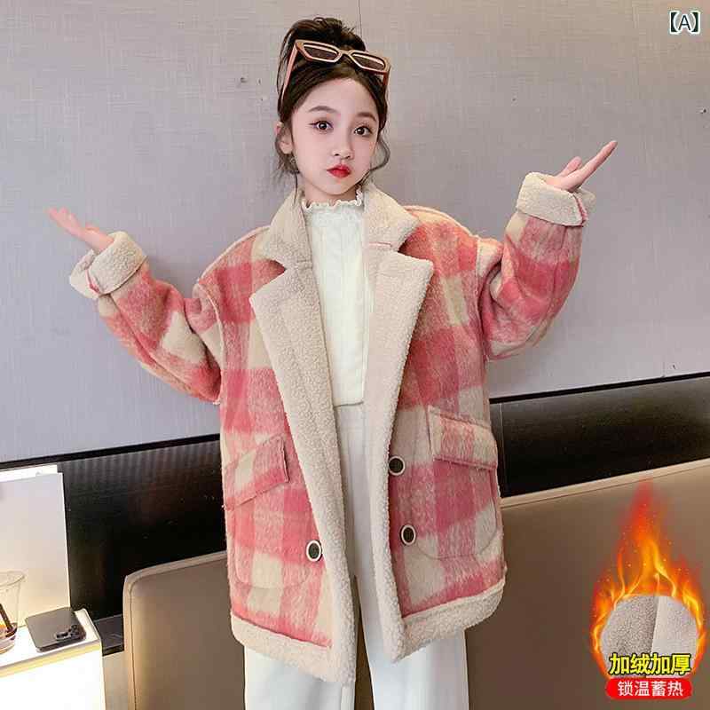 子供服 コート ガールズ ウール アウター 冬 チェック柄 裏起毛 ピーコート かわいい カジュアル ガーリー 2