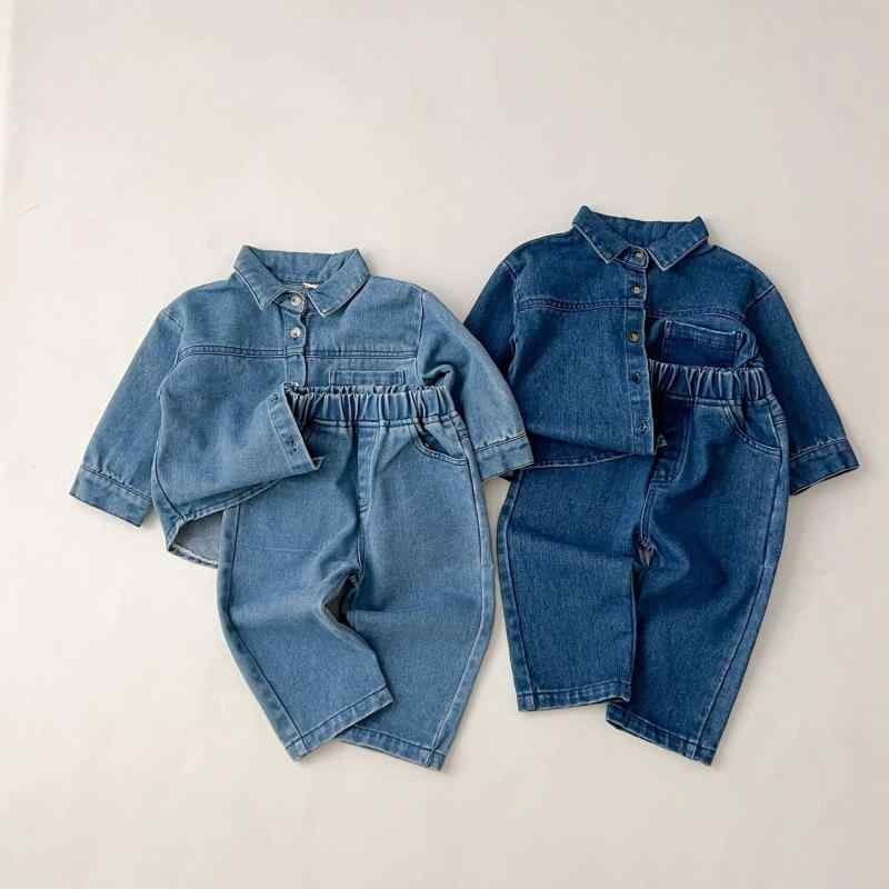 子供服 デニムセットアップ 長袖トップス ロングパンツ 上下セット かわいい 秋 冬 男女兼用 普段使い(4.0)