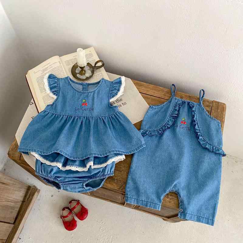 ベビー服 女の子 デニム セットアップ 純綿 0歳 1歳 2歳 3歳 長袖 トップス パンツ 上下セット 2点セット 幼児 赤ちゃん さくらんぼ 刺繍 かわいい 普段着