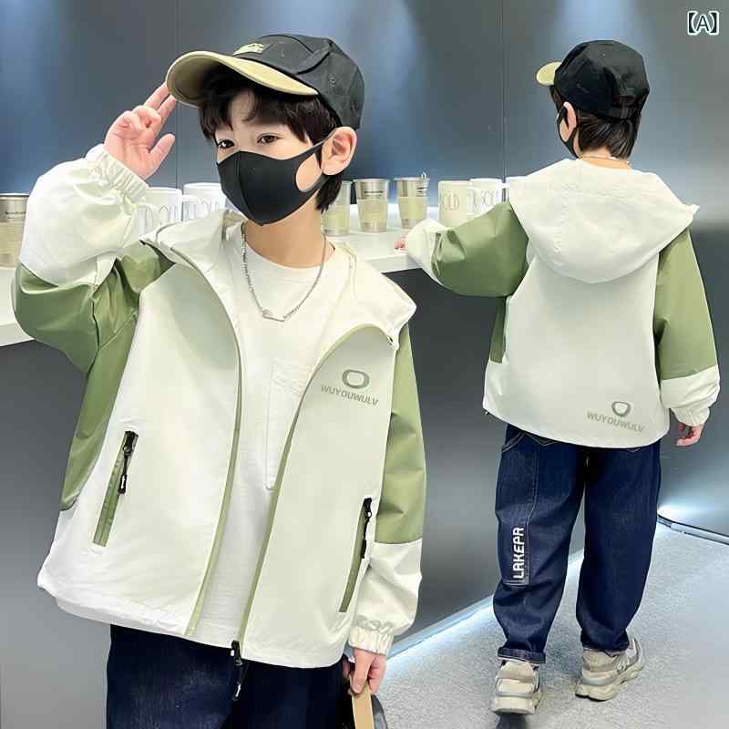 Blousons, Jumpers - 子供服 ジャケット 男の子 アウター 春秋 子供 中学生 防風 140 150 160 ゆったり かわいい グリーン カーキ
