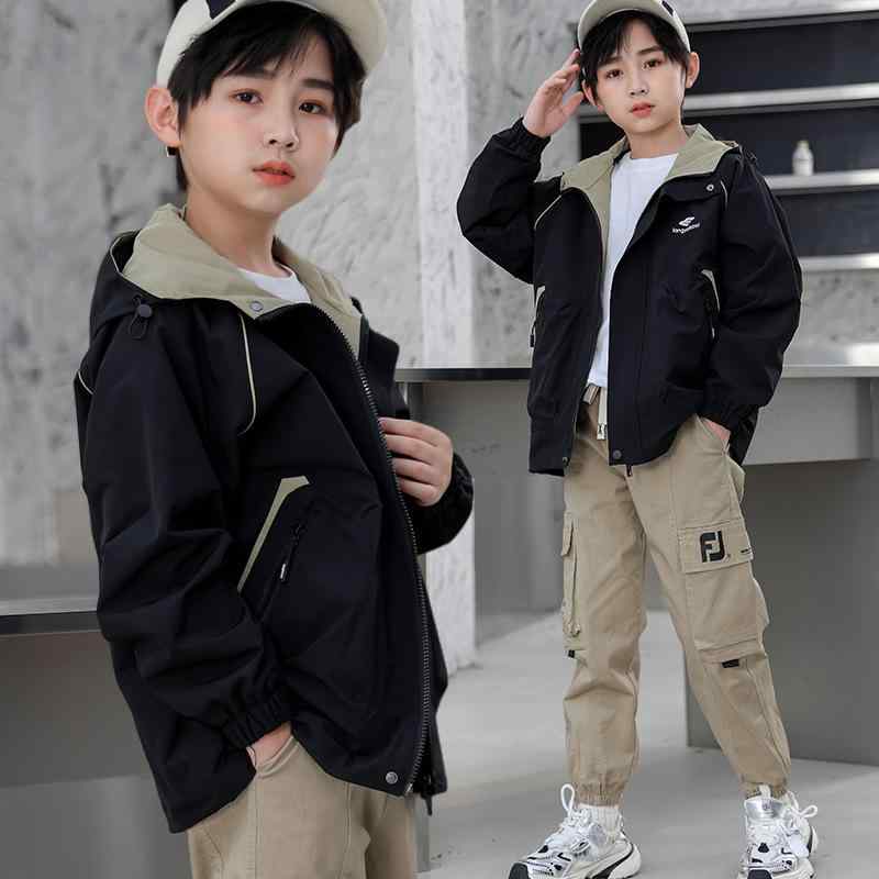 子供服 アウター 男の子 スプリングコート 8歳以上140cm以上 春秋 フード付き ジャンパー ジャケット トップス 普段使い スポーツ ポリエステル 接触冷感 ブラック カーキ