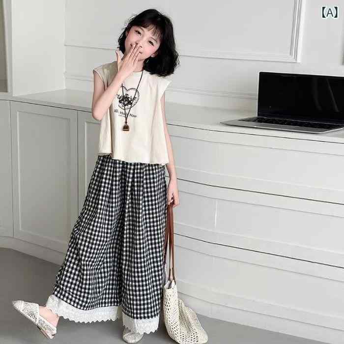子供服 女の子 夏服 セットアップ ノースリーブ トップス チェック柄 ワイドレッグ...
