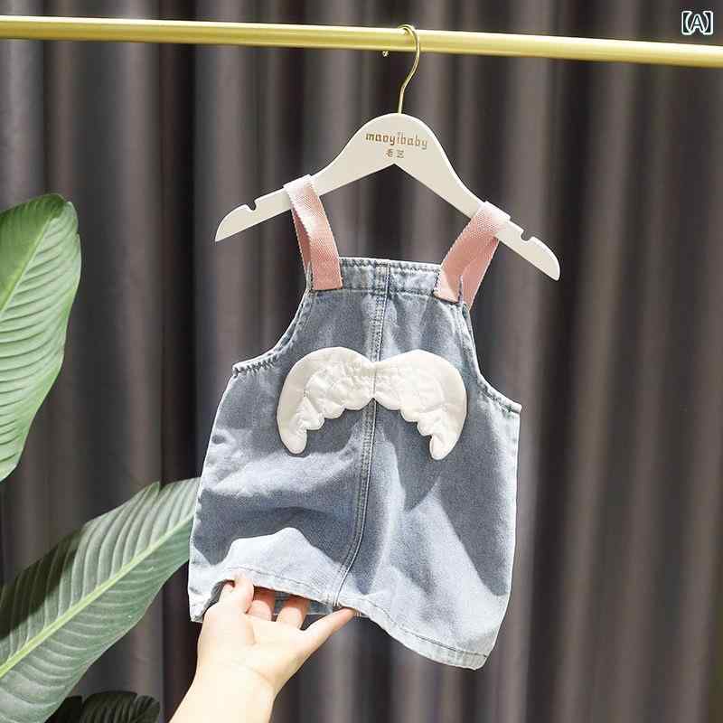 ワンピース ベビー 女の子 小さい羽 プリンセス デニム 吊りスカート 韓国風 子供服 幼児 織紐 80 90 1..