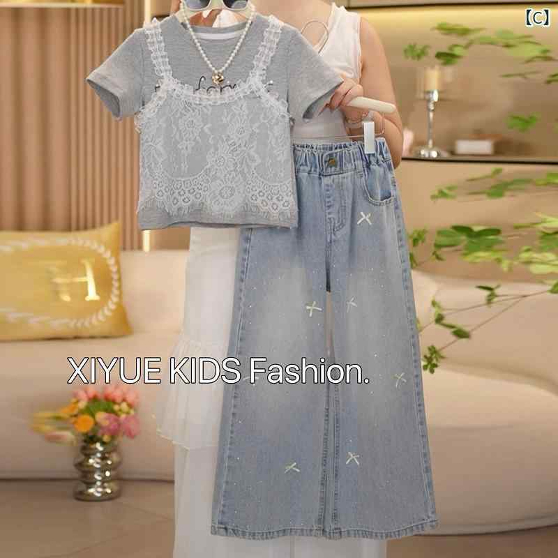 子供服 女の子 春秋 パンツ セットアップ レース 半袖 Tシャツ デニムパンツ 2点セ...