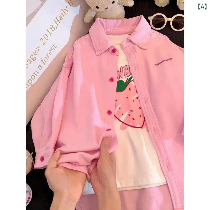 キッズ シャツ 女の子 春秋 長袖 デニム ピンク系 無地 120 130 140 150 160 170