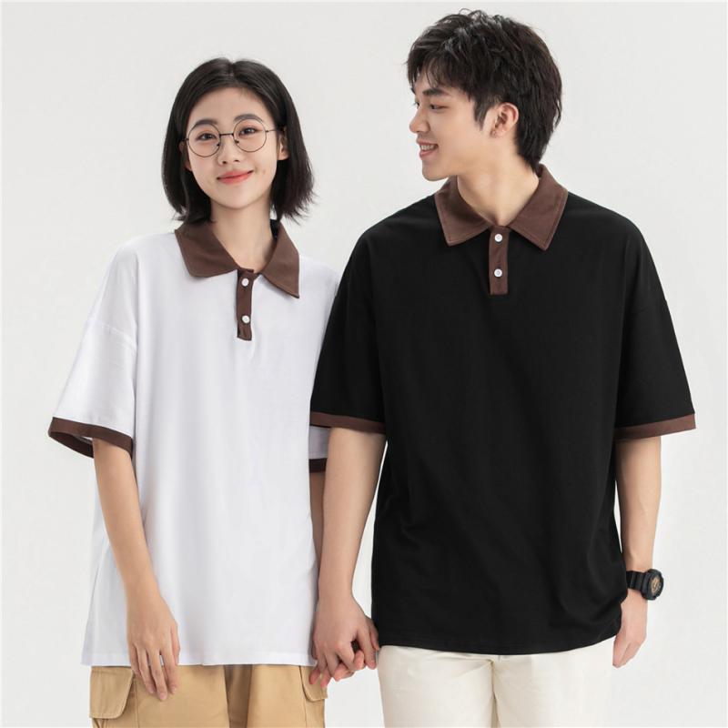ポロシャツ 男女兼用 コットン 5分袖 切り替え 襟付き ティシャツ ルーズフィット 学生 スクール 普段..