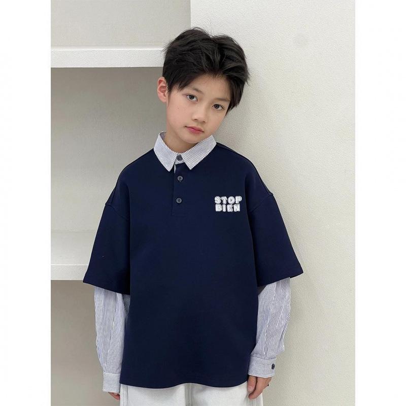 キッズ ボーイズ ポロシャツ トップス 春秋 子供服 男の子 8歳以上 コットン 藏青色 グレー カジュアル