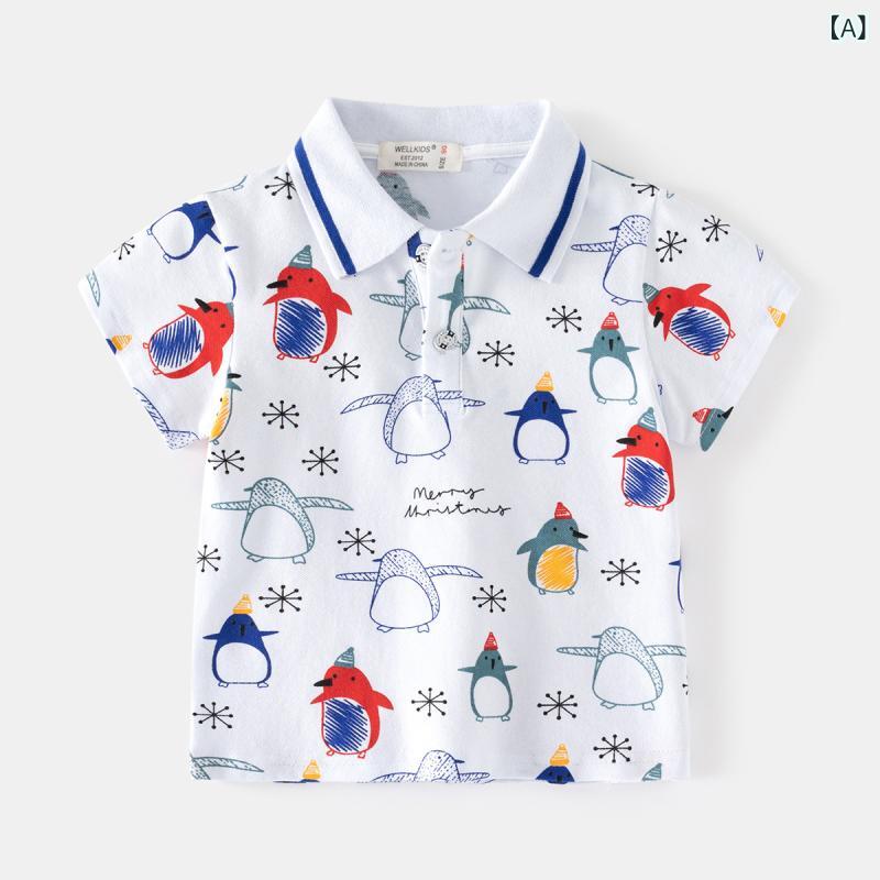 キッズ 男の子 ポロシャツ 半袖 鹿の子(カノコ) カートゥーン ペンギン プリント ...