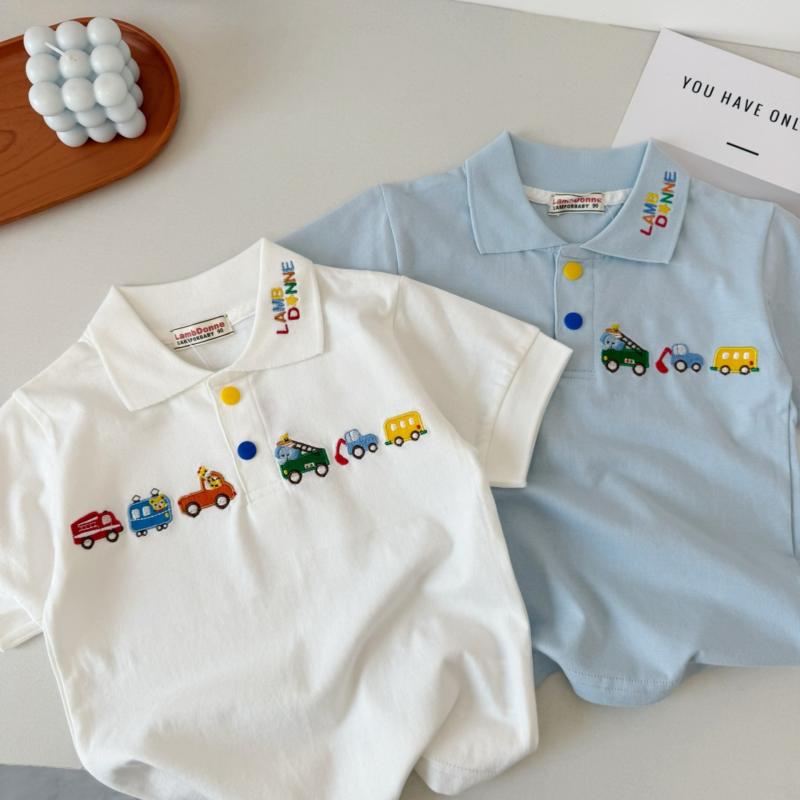 Tシャツ キッズ 半袖 夏 子供服 ベビー 男の子 小自動車 刺繍 かわいい ポロシャツ トップス 綿 ミルクホワイト 80 90 100 110 120 130 140