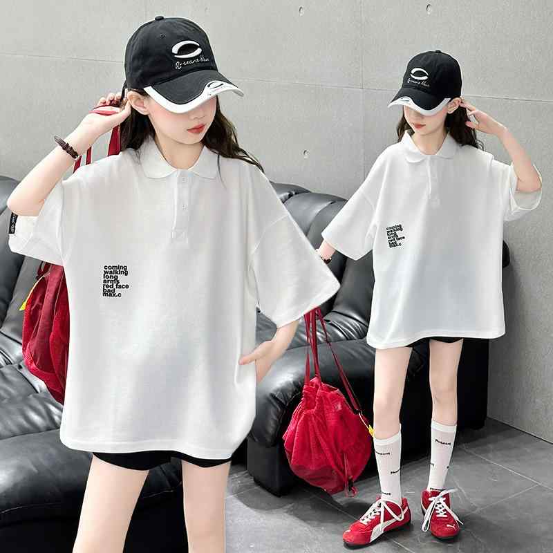 Tシャツ 女の子 子供服 半袖 ポロシャツ トップス カットソー ホワイト アルファベット柄 夏服 普段着