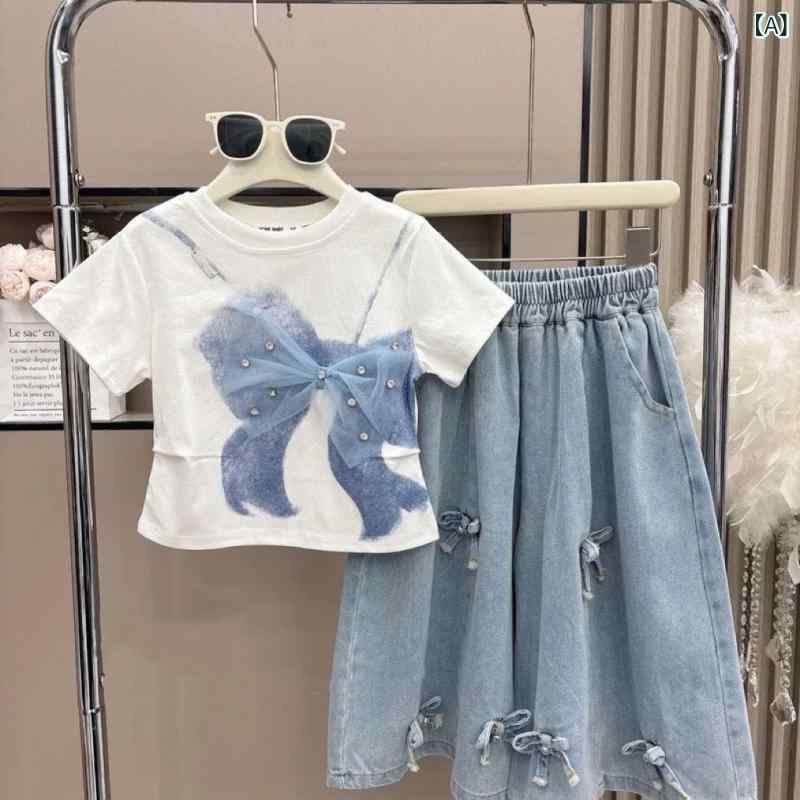 キッズ 女の子用 半袖Tシャツ デニムスカートパンツ セットアップ 春夏 蝶結び 8歳以上