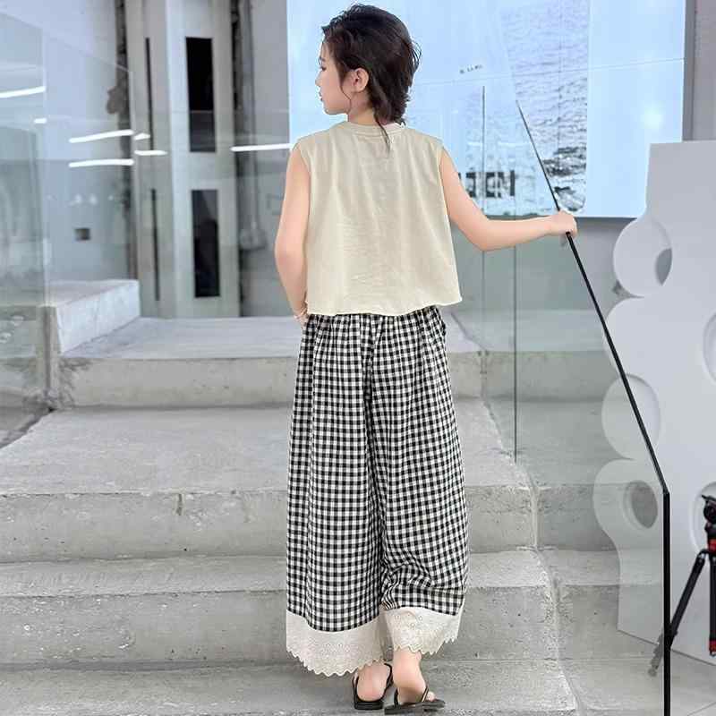 キッズ 女の子 セットアップ ノースリーブ Tシャツ レース チェック柄 パンツ スカート 薄手 カジュア..