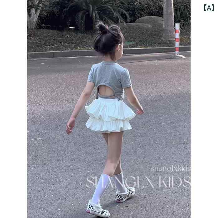 キッズ 女の子 スカートセットアップ 半袖 膝上丈 無地 カジュアル 2点セット グレ...
