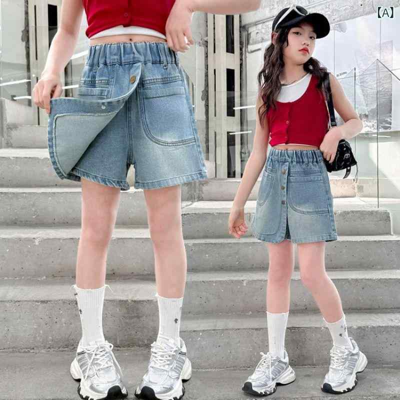 シャドーテールの子供服 デニムパンツ 女の子 夏 デニムスカート付きパンツ ロングパンツ ガールズ 女児 普段着 通学着 8歳以上 140cm以上 ブルー｜アングル2