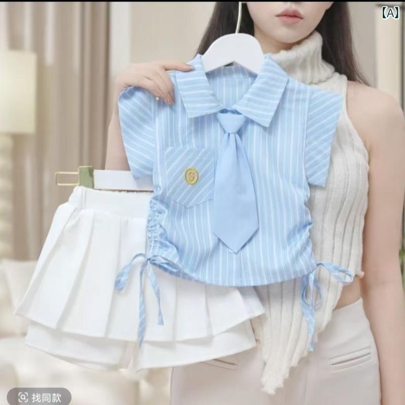 キッズ 女の子 セットアップ ブラウス プリーツスカート風パンツ 上下2点セット ストライプ柄 半袖 薄..