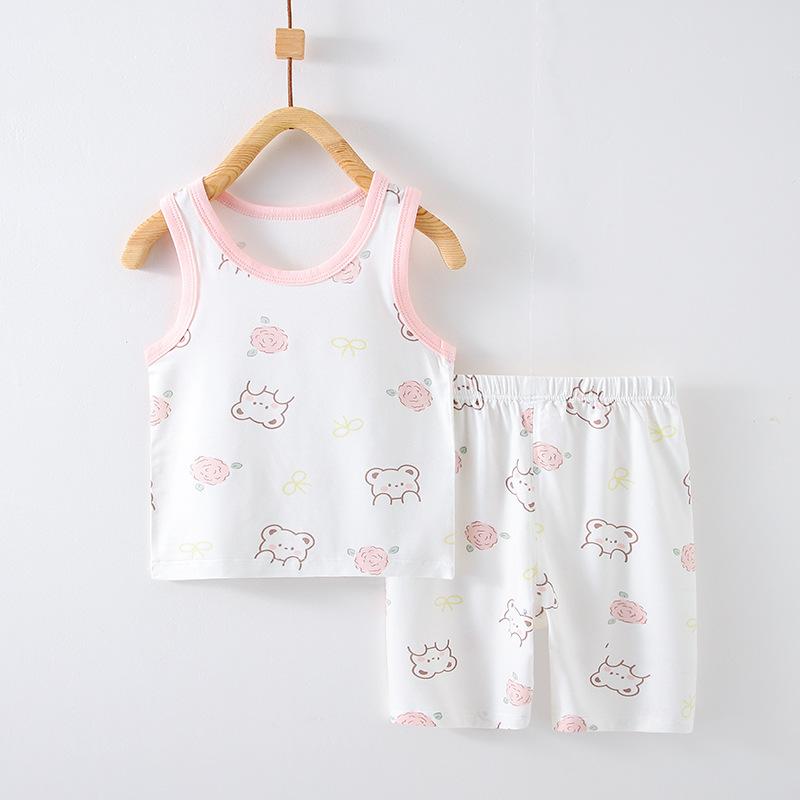 子供用ベスト 上下セット 男の子 夏 ノースリーブ トップス 薄手 短パン ベビー服 夏服 カートゥーン柄 コットン 部屋着 パジャマ 保育園着 幼稚園着