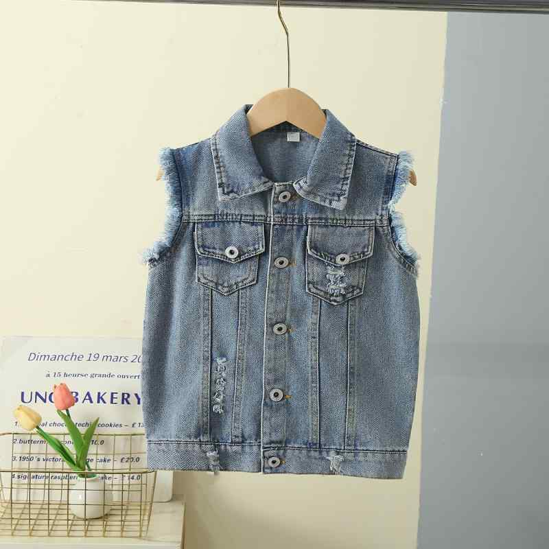 子供服 ベスト デニム 中 крупный 子供 男女兼用 春秋 おしゃれ ノースリーブ トップス 破れ加工