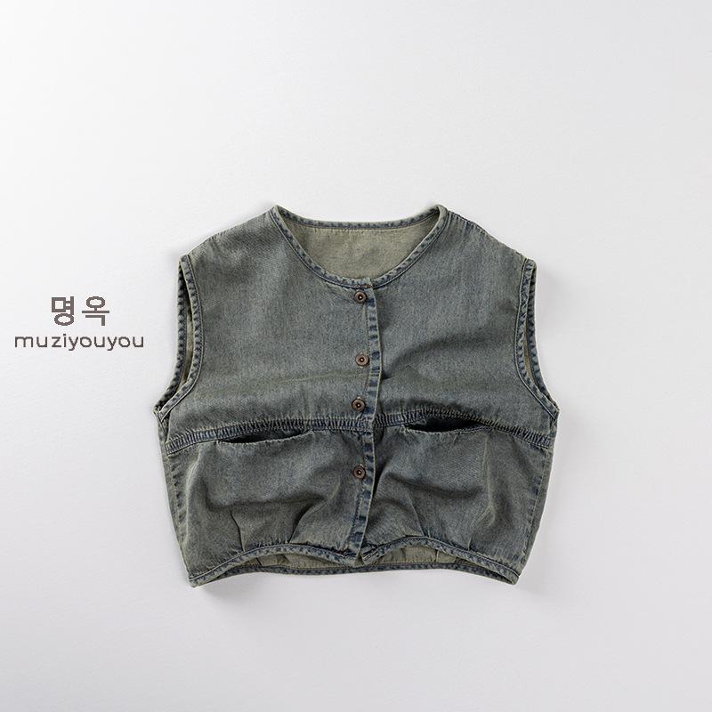 子供服 デニムベスト 薄手 春夏 男女兼用 ベビー キッズ ノースリーブ トップス 羽織り 重ね着 かわい..