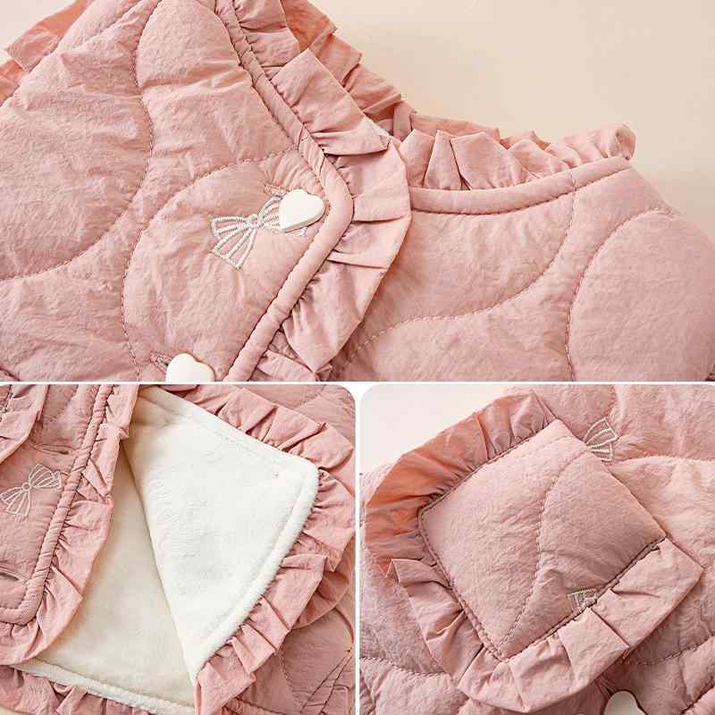 子供服 女の子 ベスト 秋冬 裏起毛 ベビー チョッキ かわいい フリル 襟付き 花柄 アウター 防寒 あったか ピンク ベージュ系